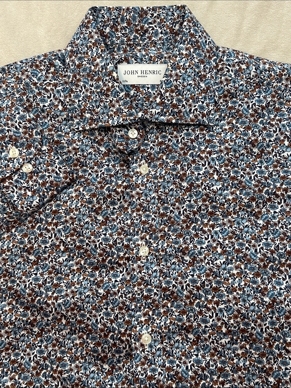 John Henric Sweden Men Dress Shirt 15.5 40 M Blue Brown Floral Cotton LS Luxury
